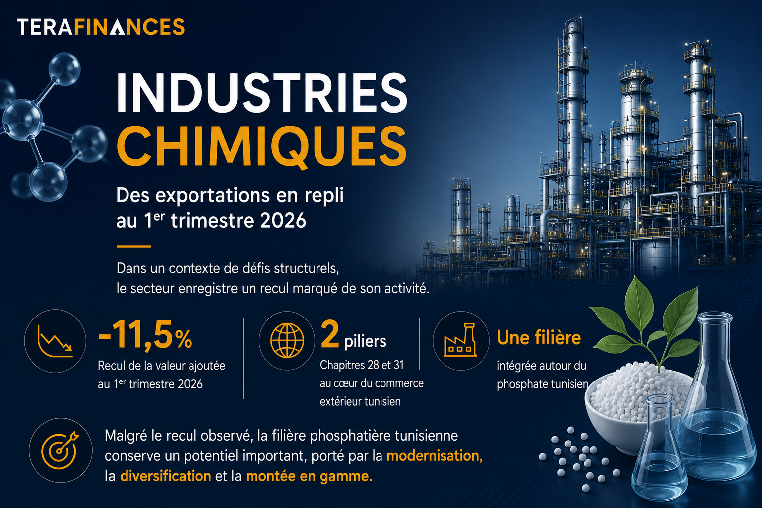 Recul marqué des exportations du secteur des industries chimiques au premier trimestre 2026