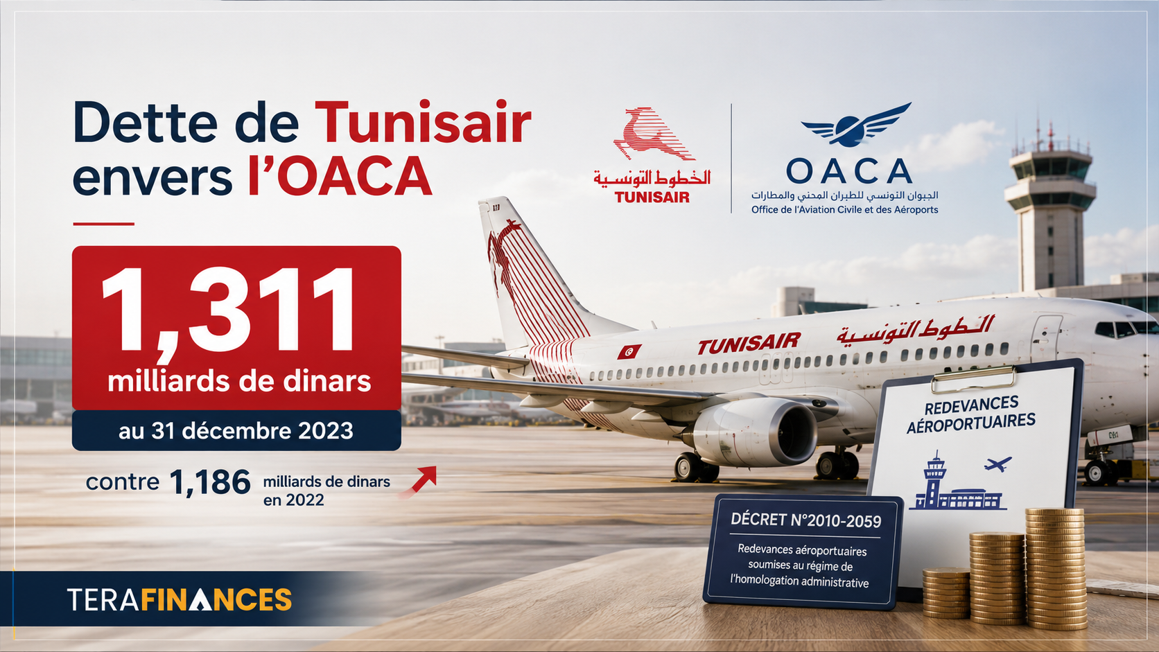La dette de Tunisair envers l’OACA dépasse 1,3 milliard de dinars