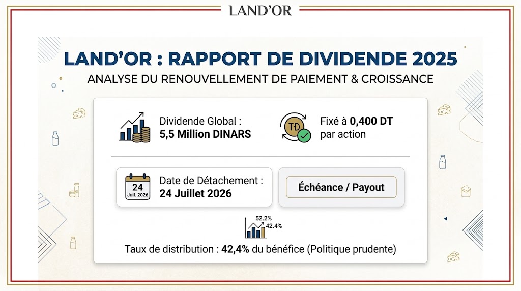 Land'Or reconduit son dividende à 0,400 dinar par action, avec un détachement fixé au 24 juillet