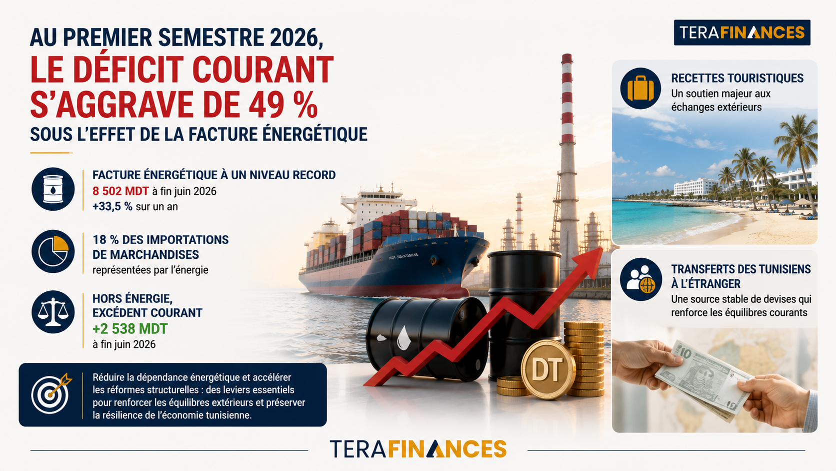 Au premier semestre 2026, le déficit courant se creuse de 49 % sous l'effet de la facture énergétique
