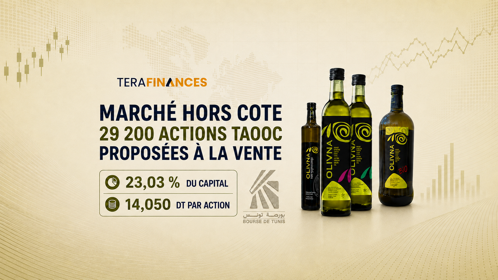 Marché hors cote : un bloc de 23,03 % du capital de la Tunisian American Olive Oil Company (OLIVNA) proposé à la vente