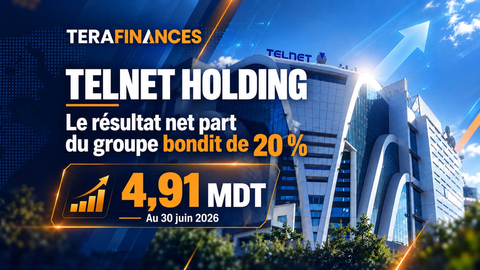 TELNET HOLDING : le RNPG bondit de 20 % à 4,91 millions de dinars au 30 juin 2026