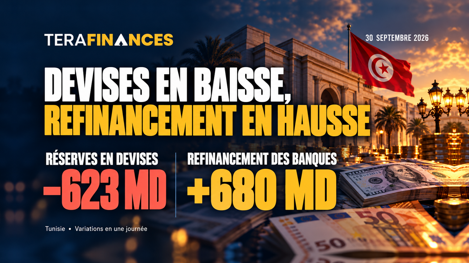 Tunisie : les réserves en devises perdent 623 MD en une journée, le refinancement des banques bondit de 680 MD