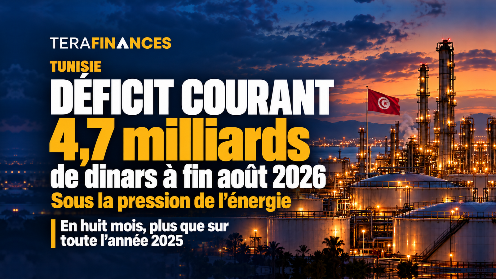 Tunisie : le déficit courant atteint 4,7 milliards de dinars à fin août 2026, sous la pression de l’énergie