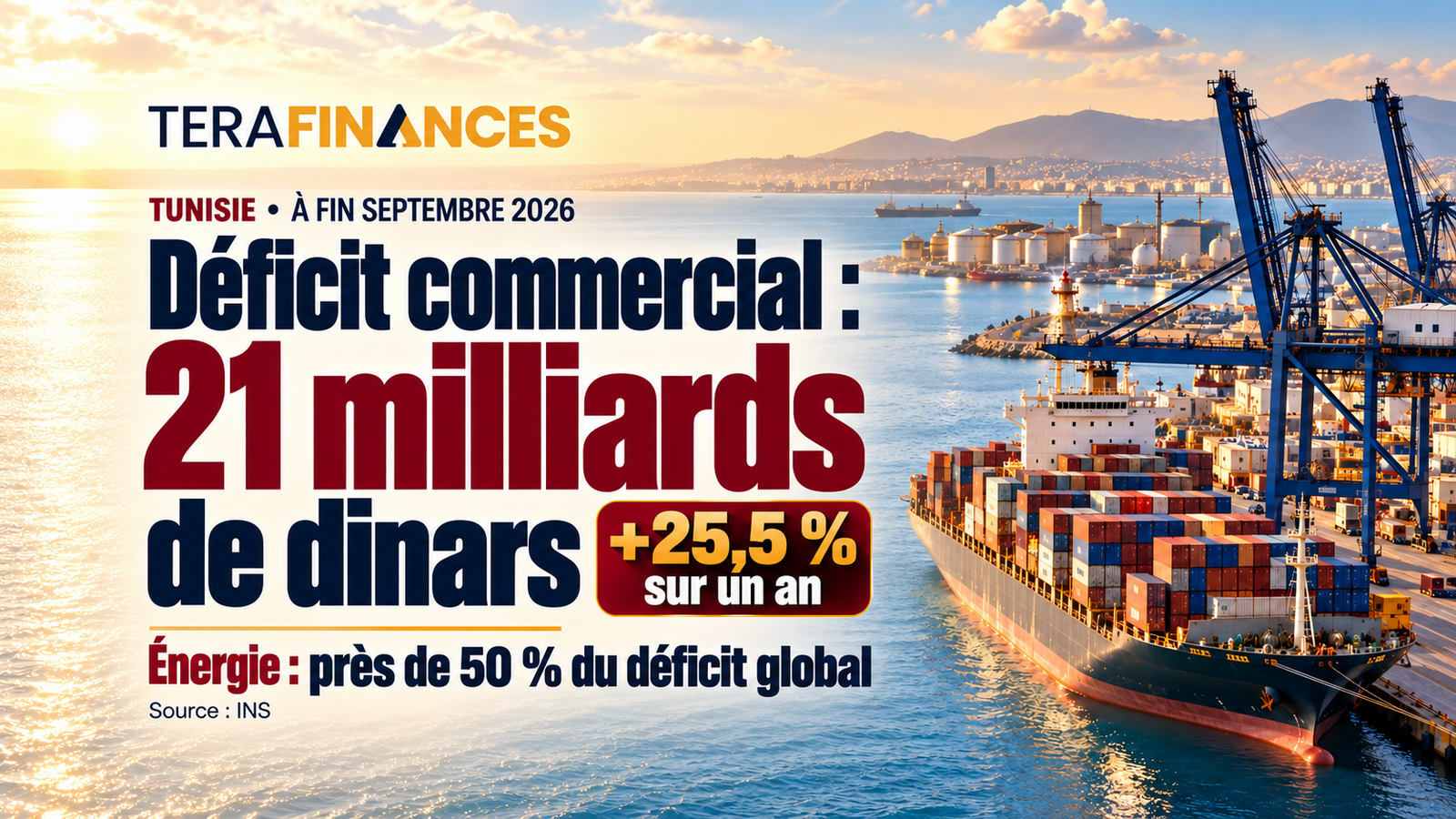 Commerce extérieur à fin septembre 2026 : le déficit commercial se creuse de 25,5% à 21 milliards de dinars