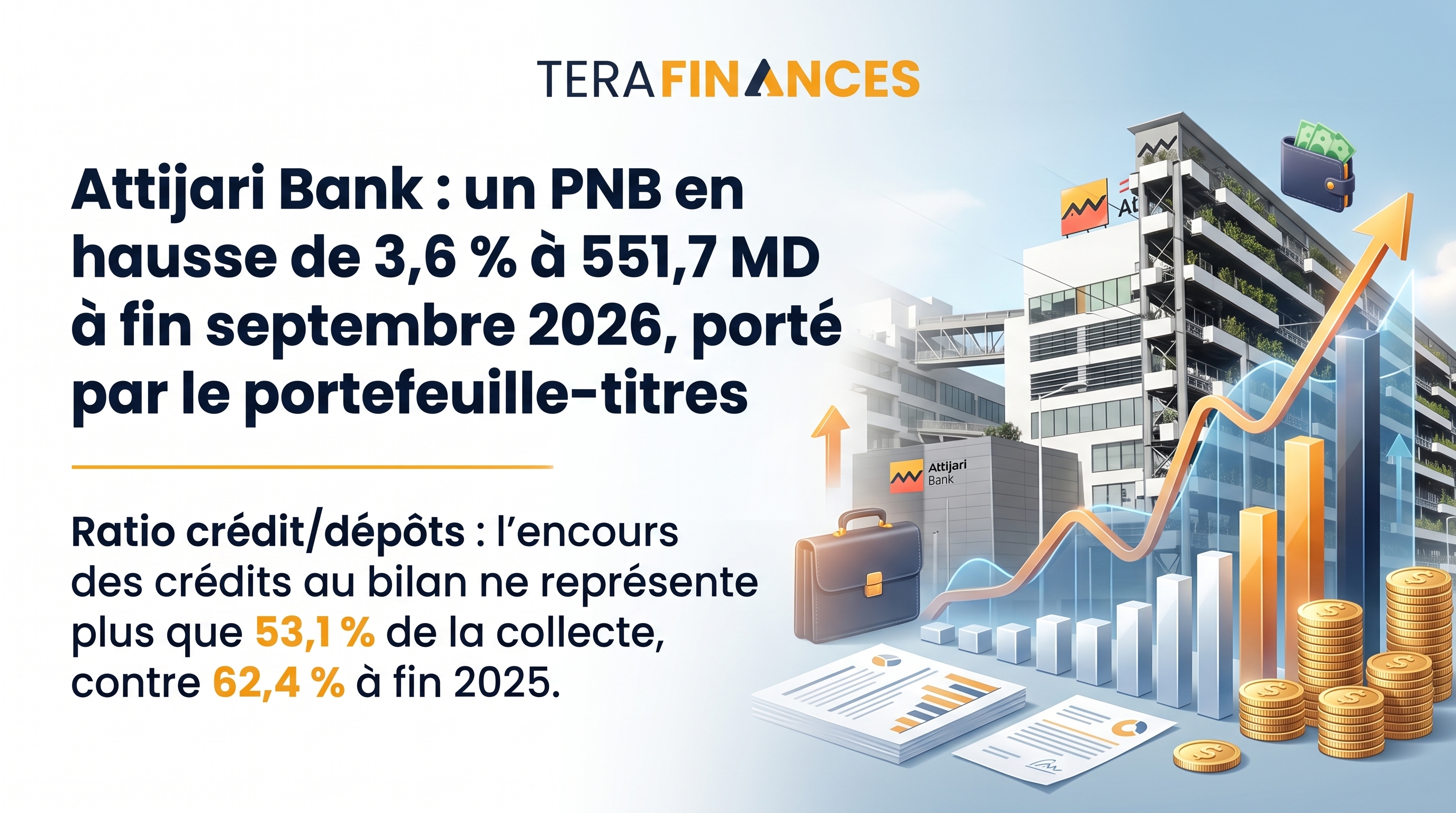 Attijari bank : un PNB en hausse de 3,6 % à 551,7 MD à fin septembre 2026, porté par le portefeuille-titres